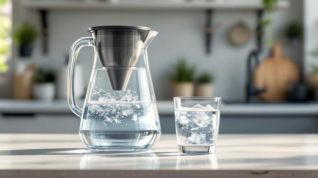 Verre d'eau pure filtrée sur plan de travail cuisine moderne