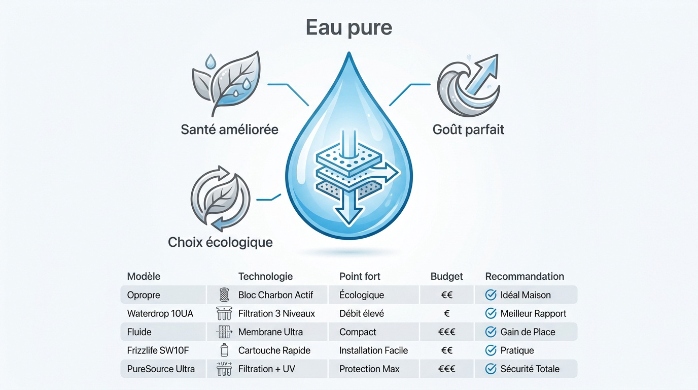 Infographie comparative des avantages et modèles de filtres à eau sous évier