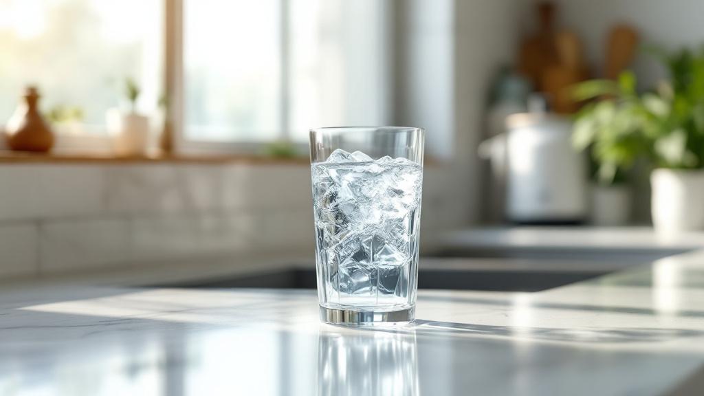 Verre d'eau cristalline sur plan de travail cuisine moderne — osmoseur inverse sous évier