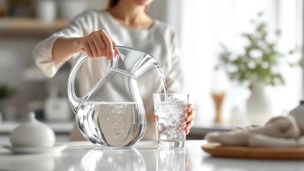Carafe filtrante en verre cuisine moderne femme qui verse eau