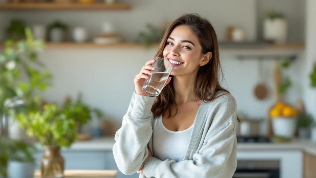 comment améliorer la qualité de l'eau — femme buvant un verre d'eau filtrée dans une cuisine lumineuse