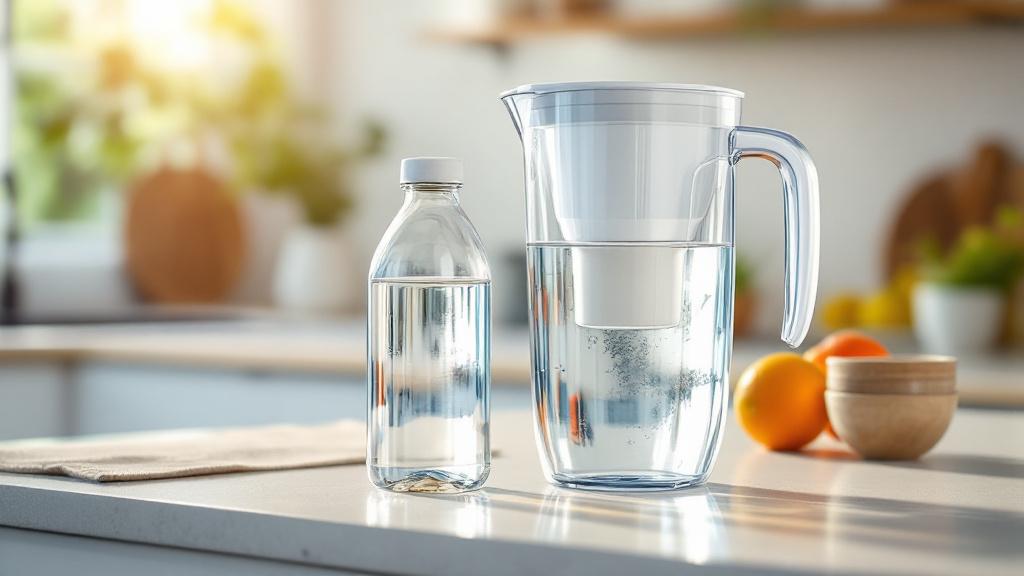 arrêter eau en bouteille — carafe filtrante et bouteille en verre d'eau pure sur plan de cuisine, sans plastique