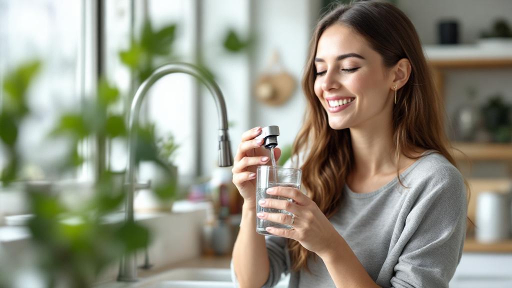arrêter eau en bouteille — femme souriant en buvant un verre d'eau filtrée dans une cuisine moderne lumineuse