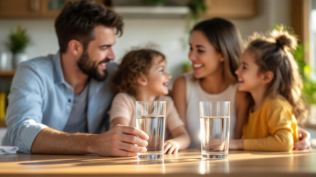 Famille buvant eau filtrée saine à la maison cuisine lumière naturelle