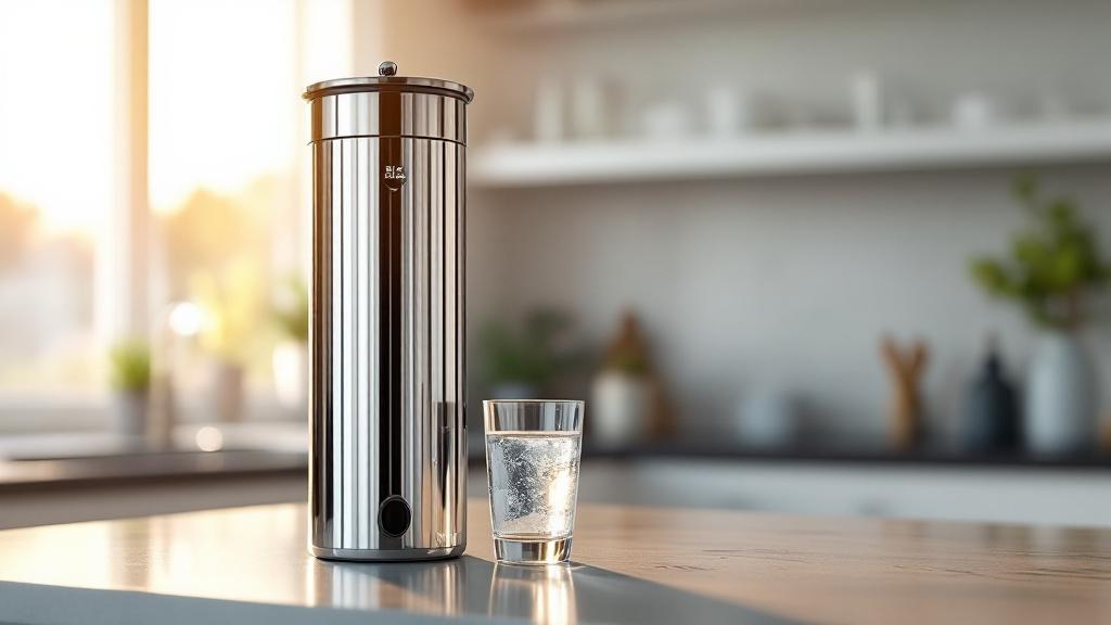 Big Berkey filtre à eau par gravité posé sur un plan de cuisine, verre d'eau pure, lumière naturelle