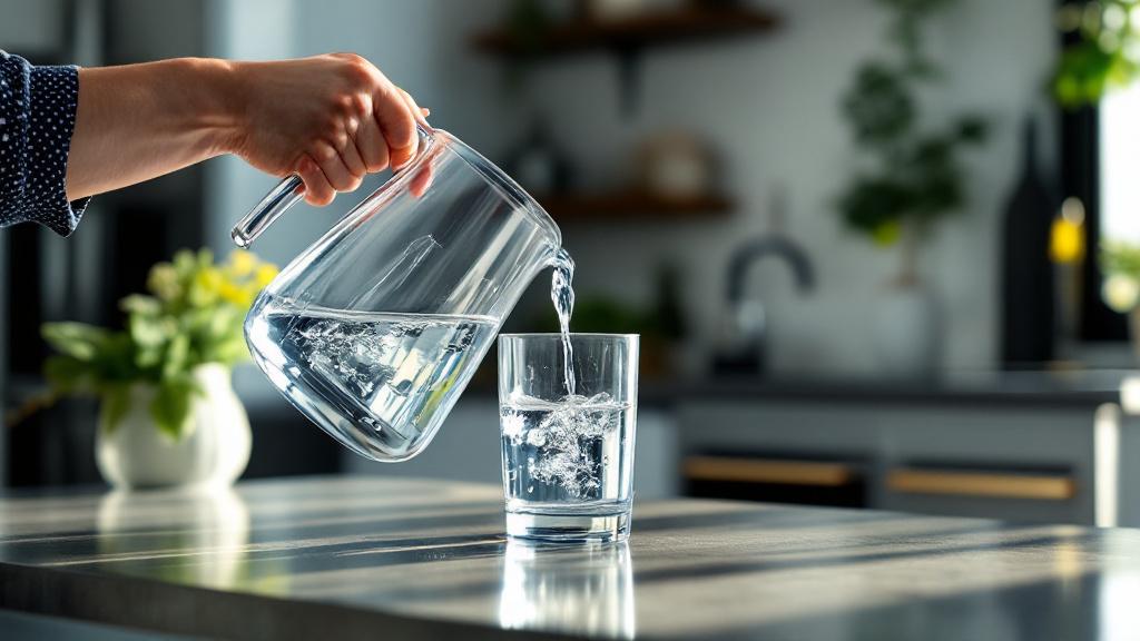 Femme versant eau filtrée depuis carafe en verre cuisine moderne
