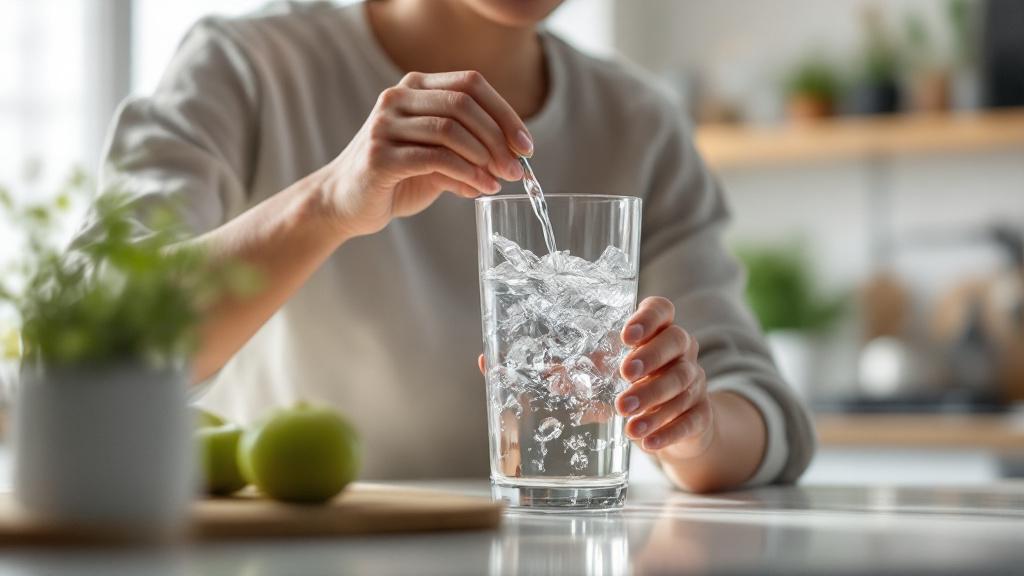 Personne buvant un verre d'eau claire dans une cuisine moderne lumineuse