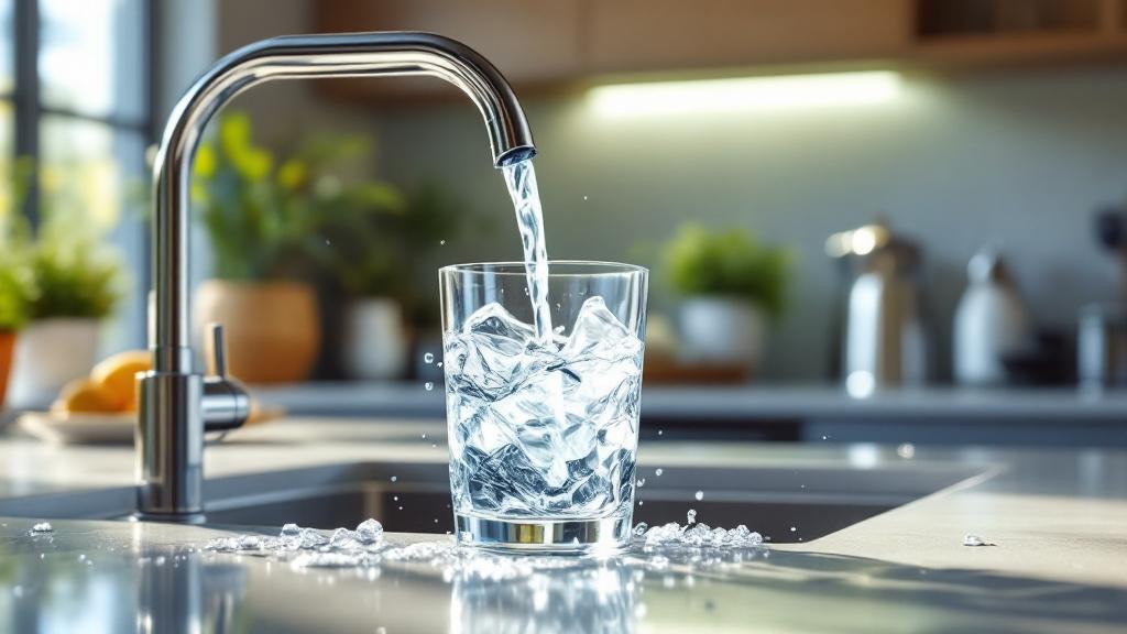 eau dynamisée arnaque — eau cristalline qui coule depuis un robinet dans un verre, cuisine moderne lumineuse