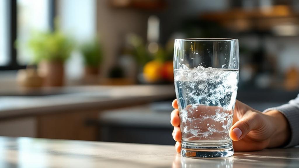 Energised water scam or miracle — person holding a glass of pure water in a modern kitchen