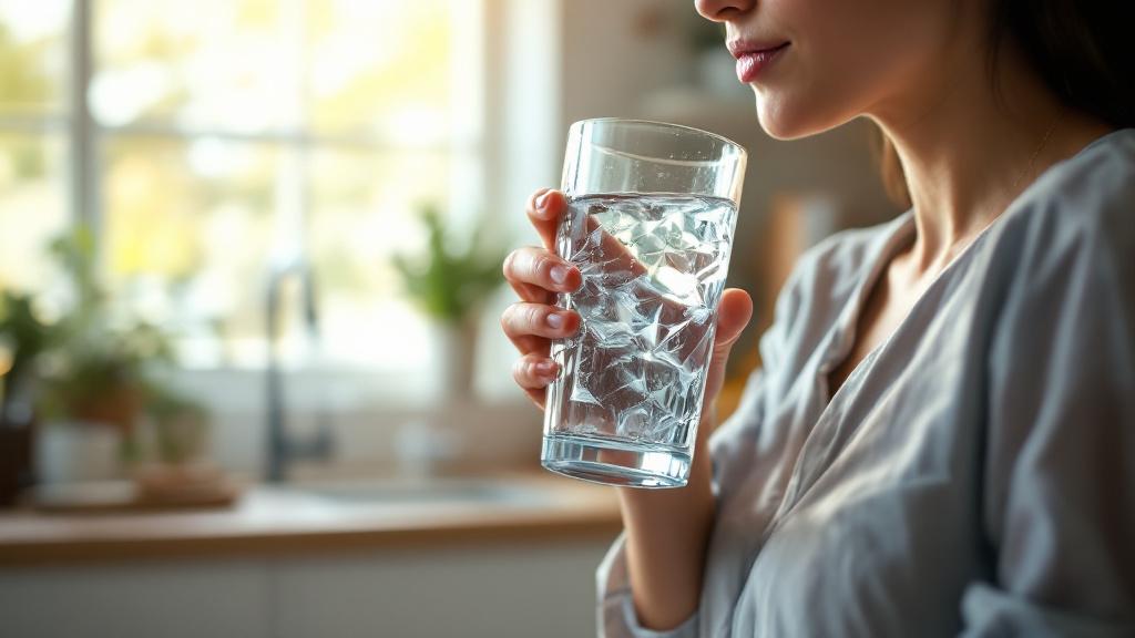 Personne buvant un verre d'eau filtrée Frizzlife SW15 cuisine moderne lumière naturelle