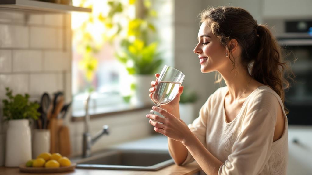 Femme boit un verre d'eau pure filtrée cuisine moderne osmoseur sous évier