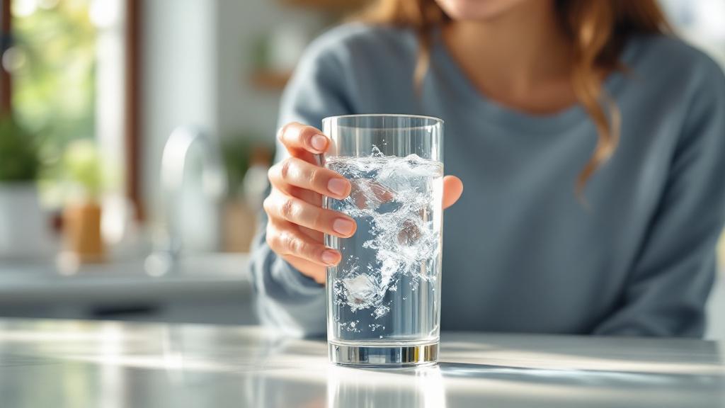 Personne buvant un verre d'eau pure filtrée par osmose inverse cuisine moderne