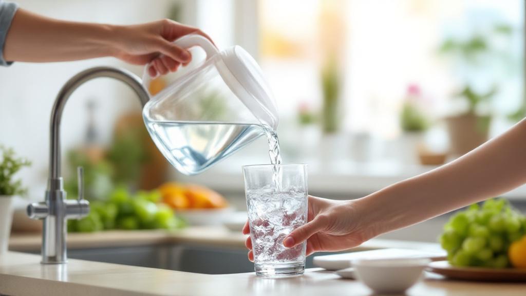 Eau filtrée LARQ PureVis versée dans un verre cuisine lumière naturelle