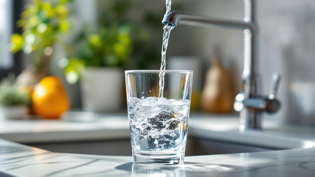 microplastiques bouteille en verre — eau claire coulant d'un robinet dans un verre