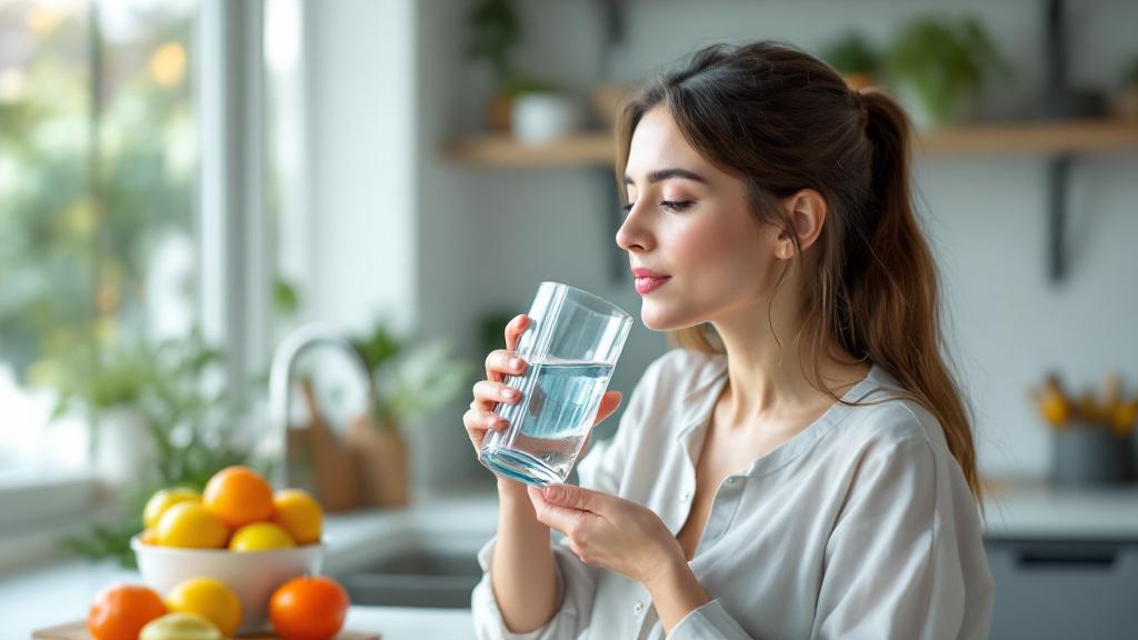 microplastiques bouteille en verre — femme buvant un verre d'eau filtrée dans une cuisine moderne