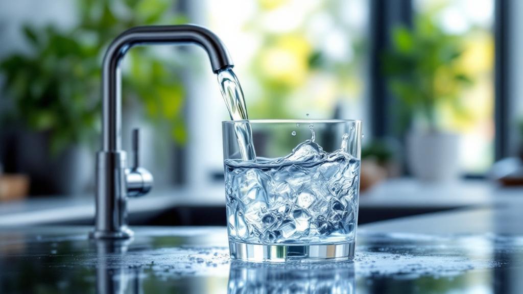 pH eau robinet — eau claire qui coule d'un robinet dans un verre cuisine moderne
