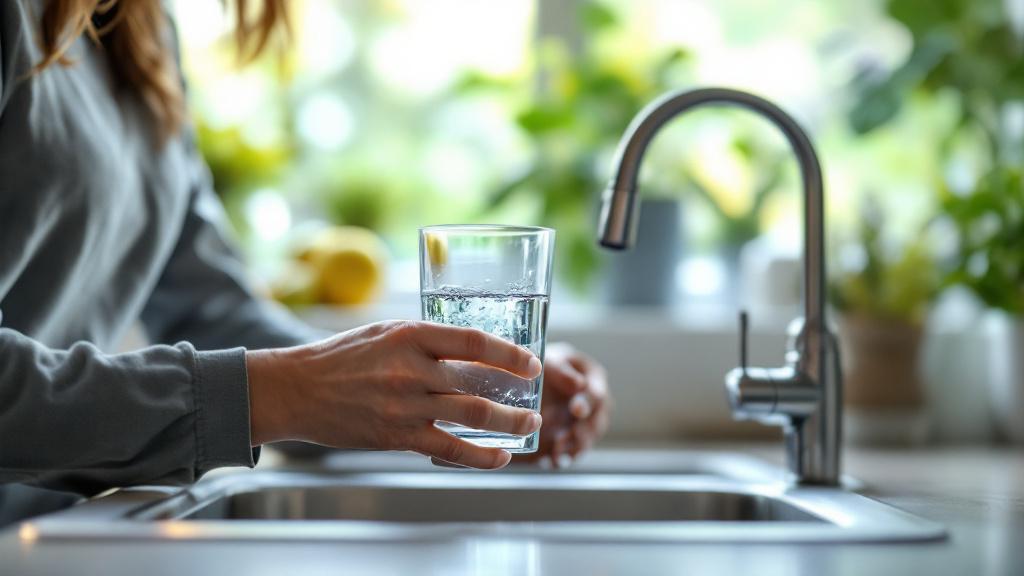pH eau robinet — personne buvant un verre d'eau pure dans une cuisine moderne