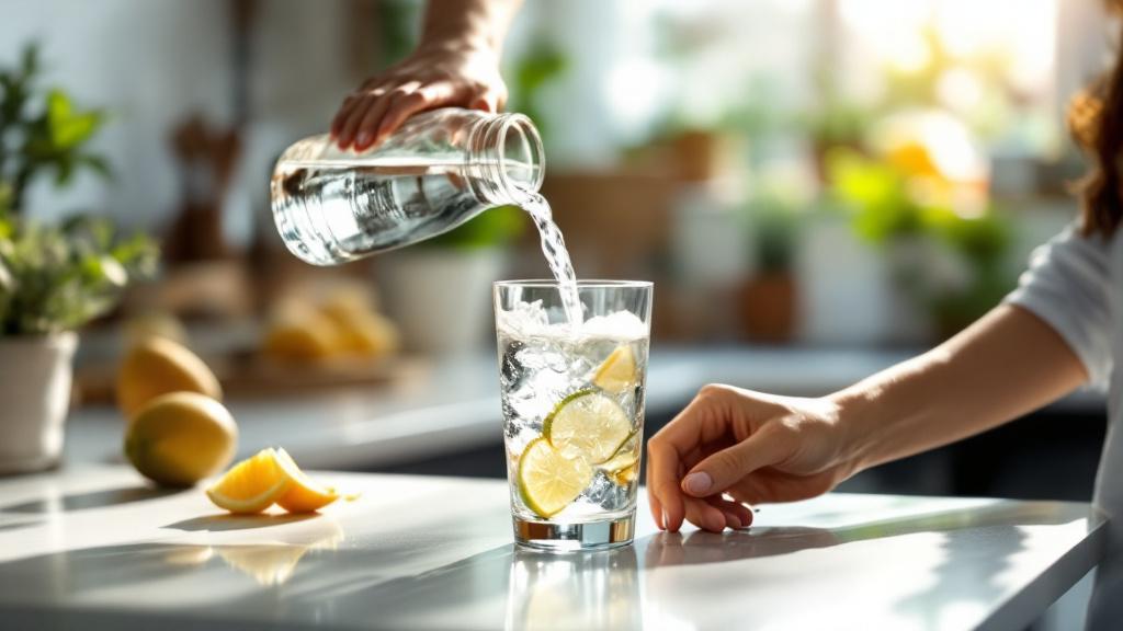 Personne versant de l'eau filtrée dans un verre sur un plan de cuisine moderne, filtration eau saine quotidienne