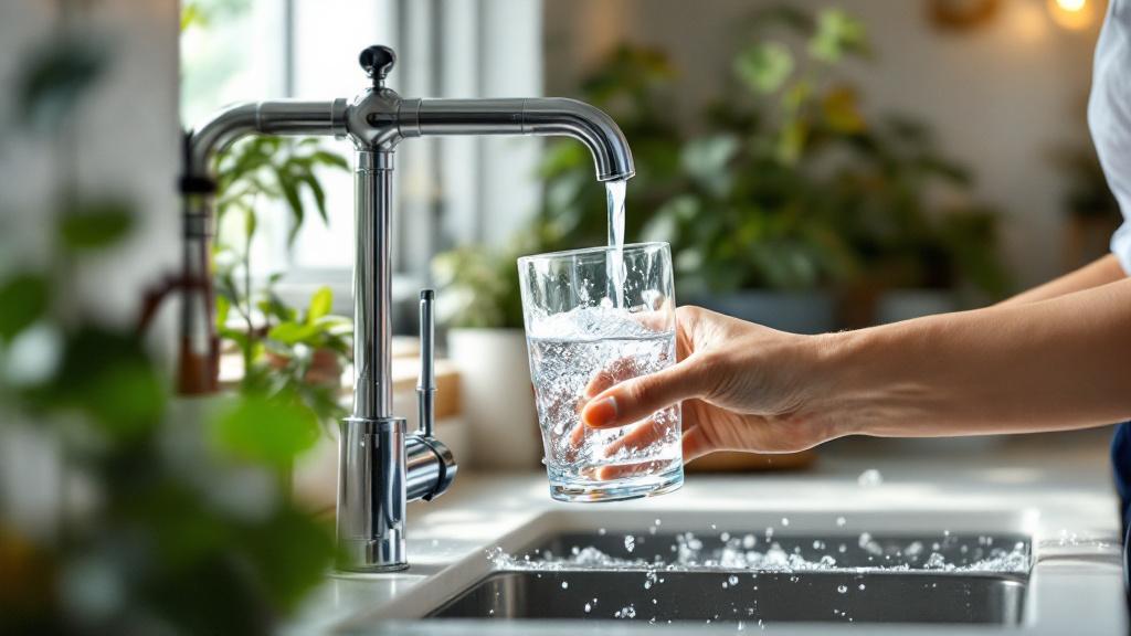 traitement eau de pluie — personne remplissant un verre d'eau purifiée à la maison cuisine moderne