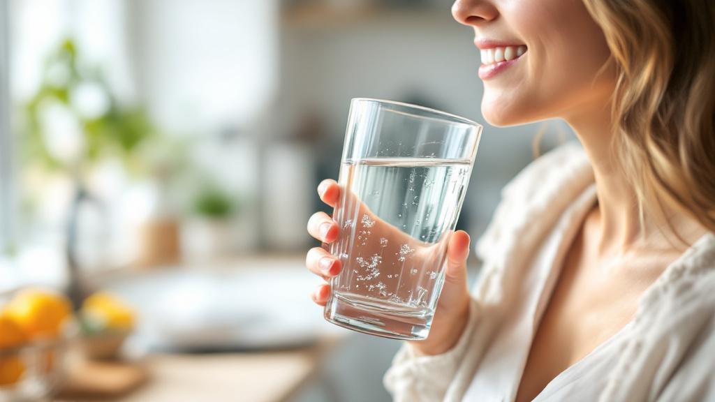 Personne buvant un verre d'eau filtrée Waterdrop 10UB-UF cuisine moderne
