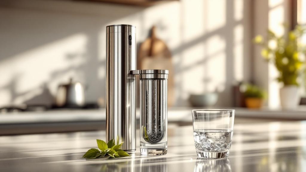 Weeplow EARTH filtre à gravité inox sur plan de cuisine, verre d'eau pure